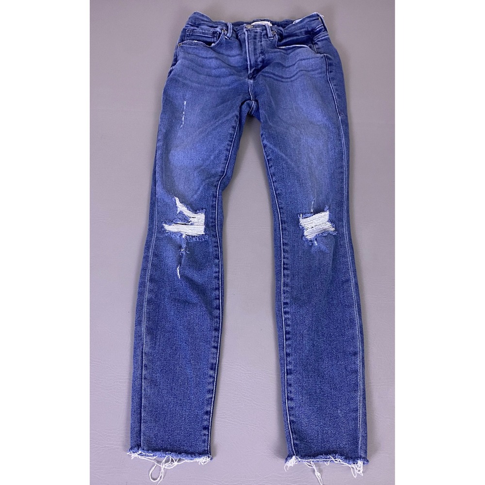 Good American Good Legs Skinny Jeans‎ 4/27 Distressed Blue High Rise Raw Hem